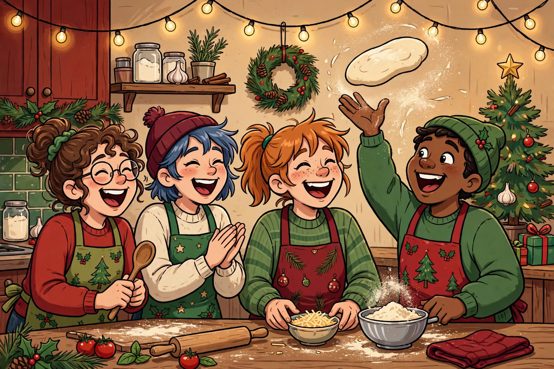 Cartoon illustration of friends enjoying a cooking class together, wrapped in holiday warmth