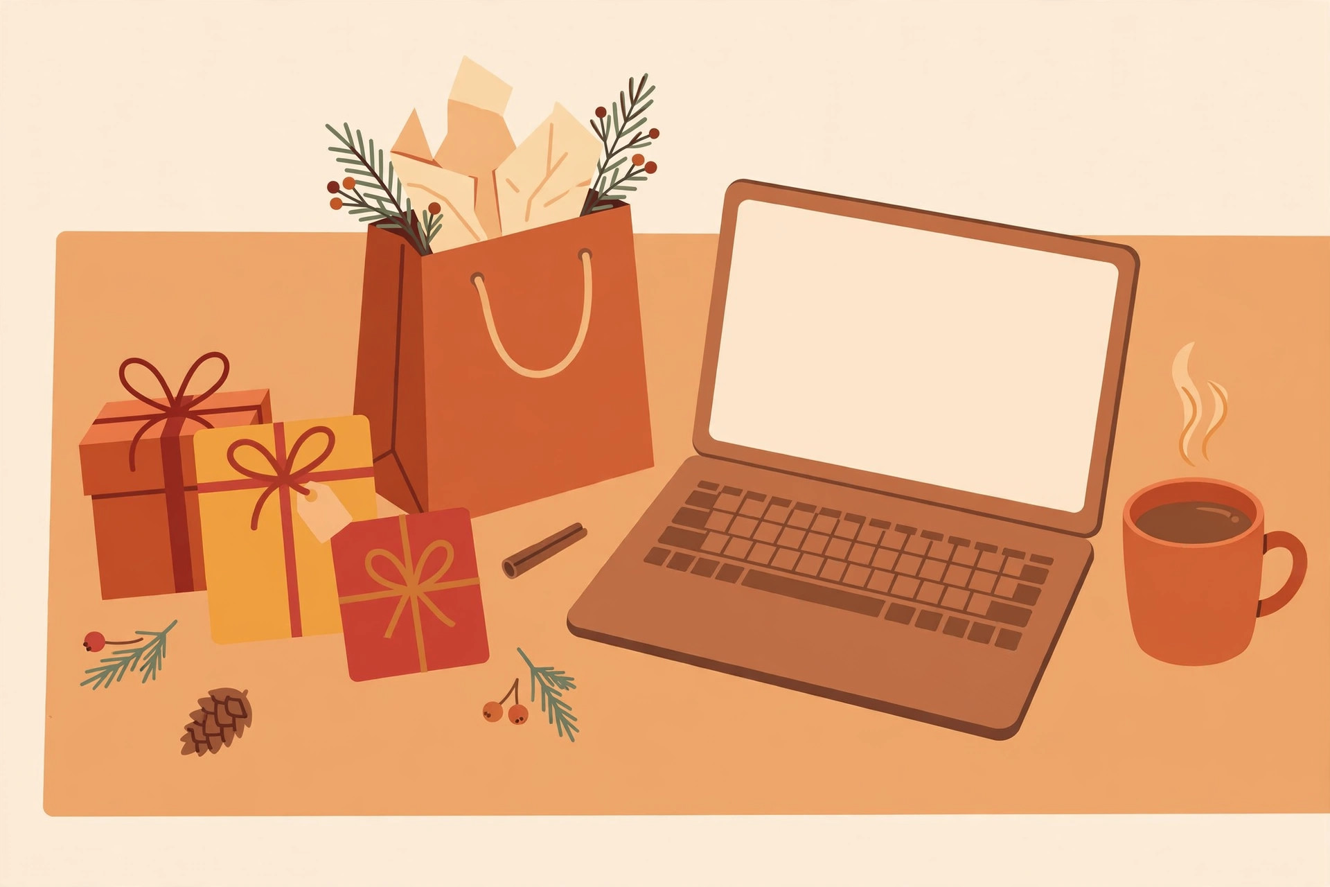 Flat illustration of wrapped gifts and a gift bag on an office desk with a laptop