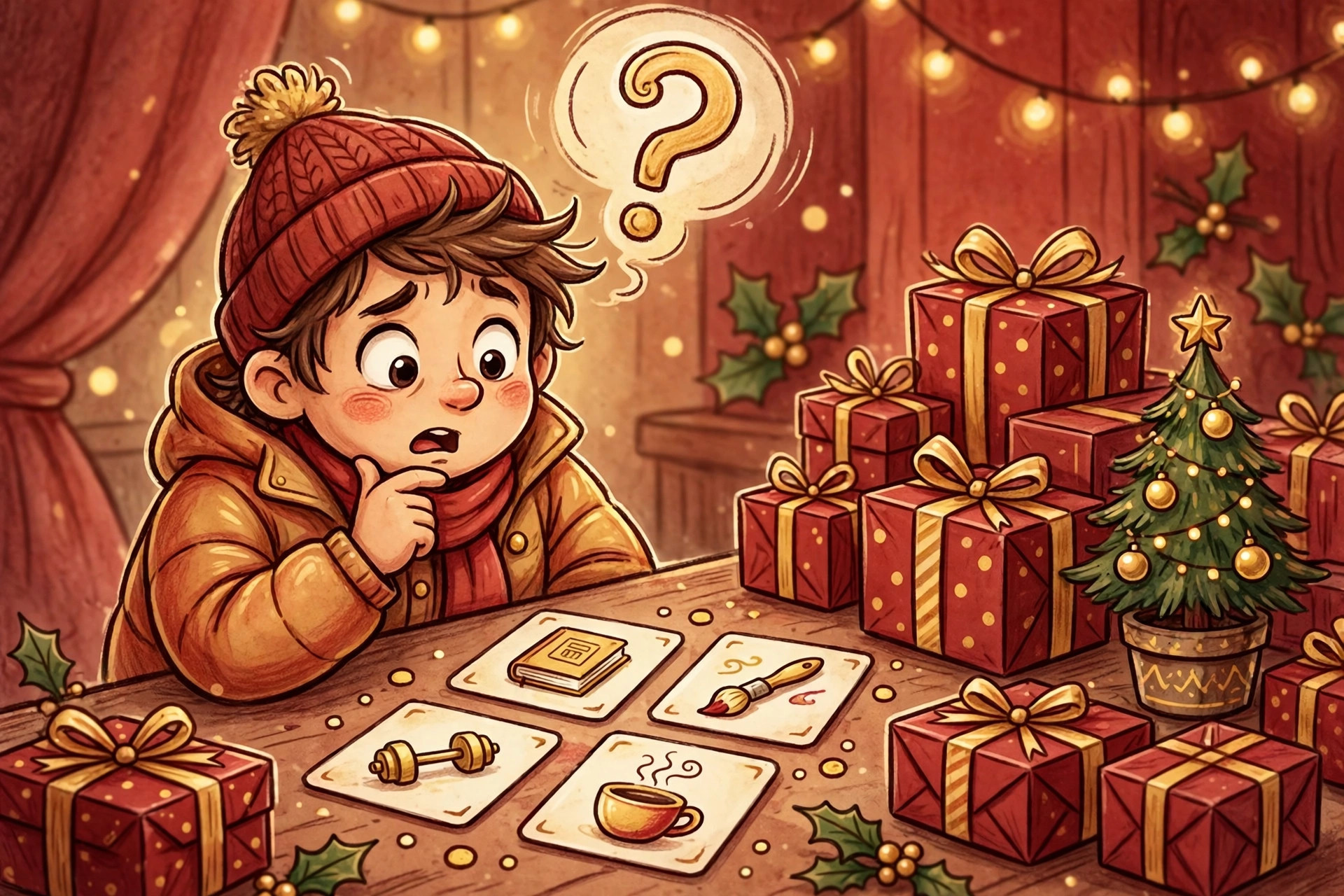 Cartoon illustration of a puzzled gift-giver studying personality cards, with thought bubbles of different hobbies