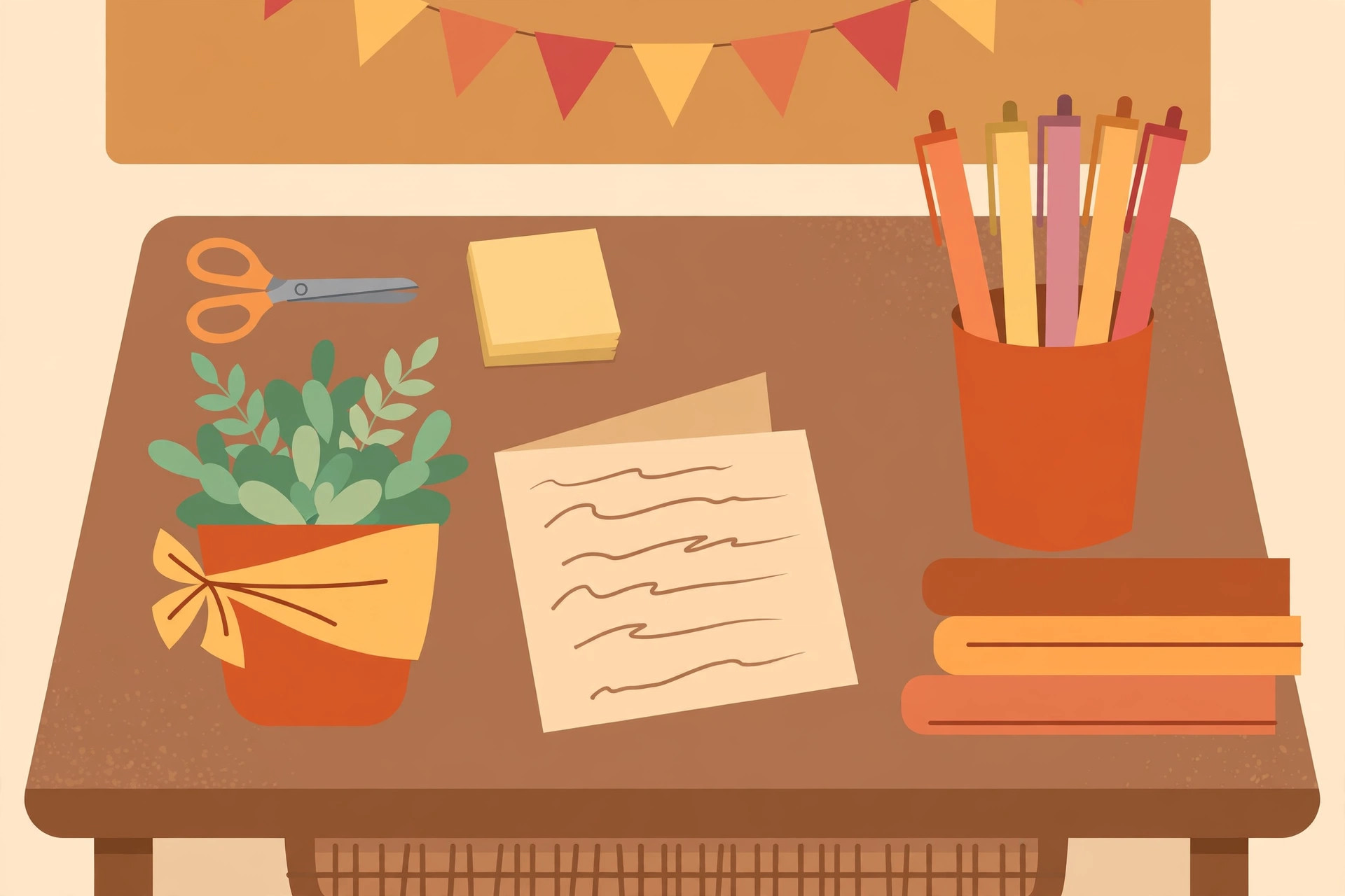 Flat illustration of a teacher's desk with a potted plant gift, thank-you card, and pens