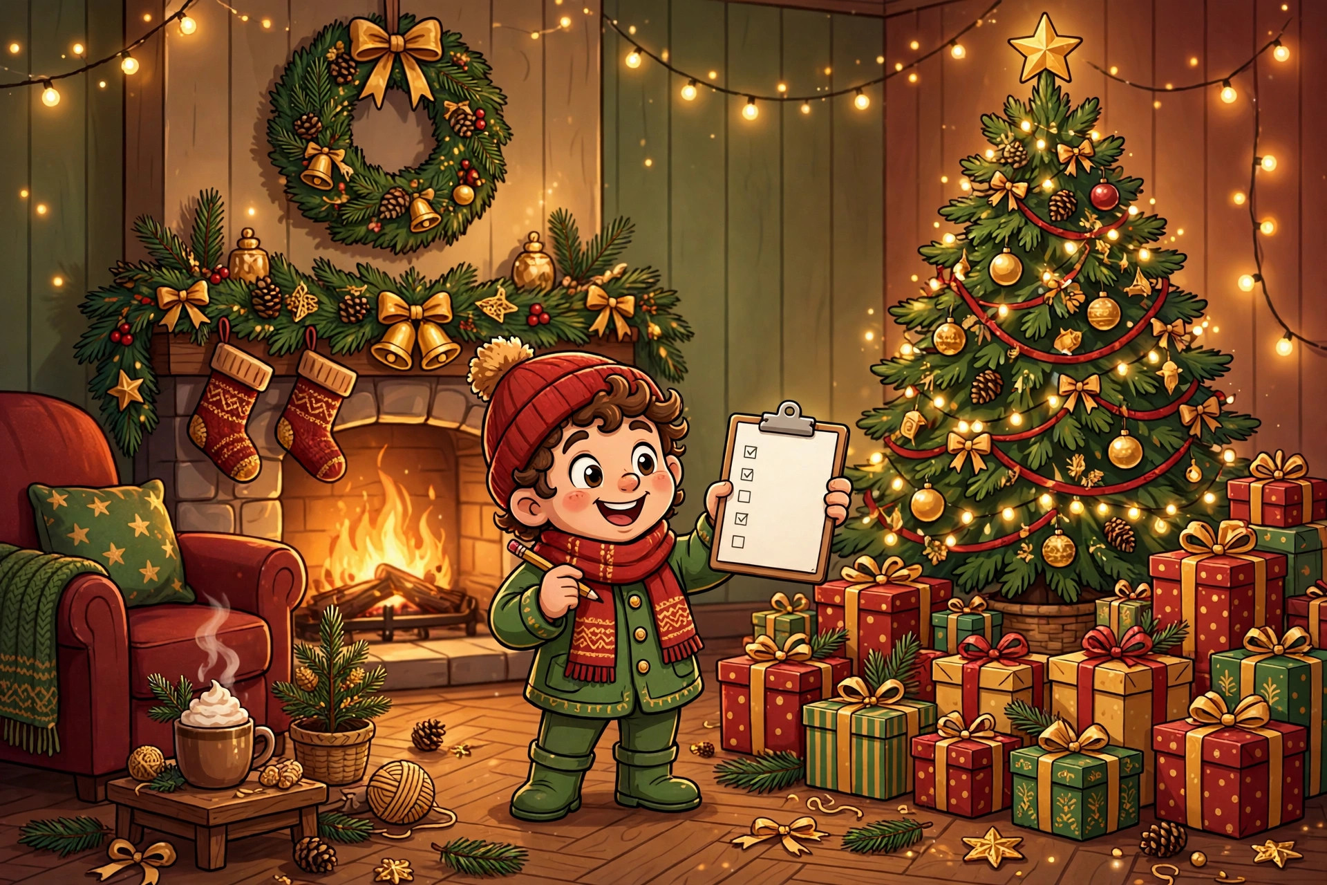 Cheerful cartoon illustration of a festive Christmas gift guide scene with wrapped presents and a decorated tree