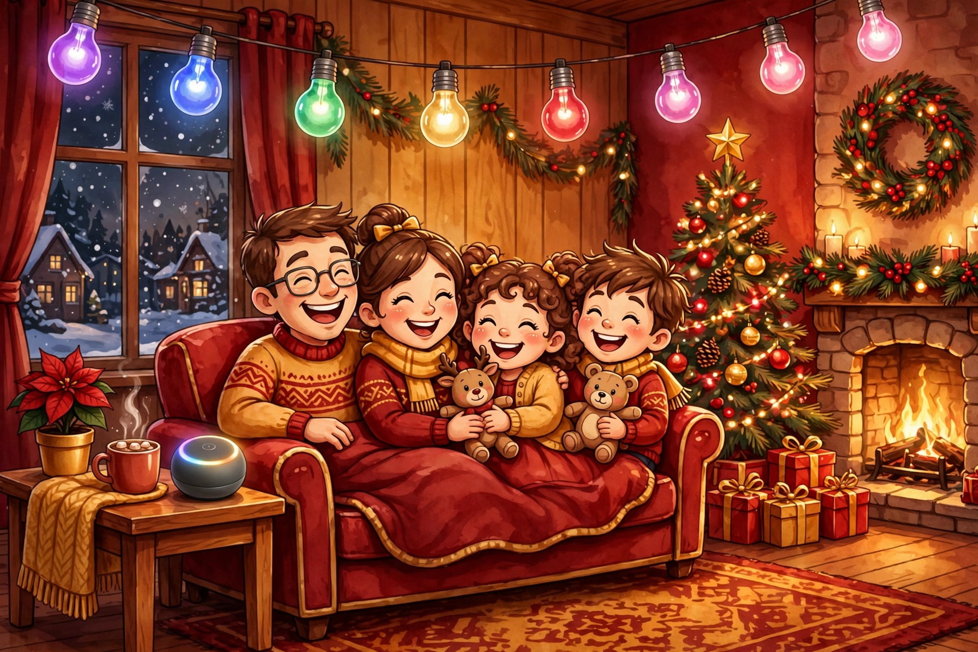 Cartoon illustration of a cozy living room with smart lights, a speaker, and festive decorations