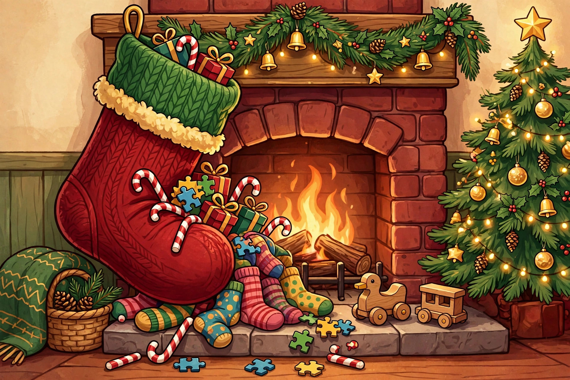 Cartoon illustration of an overflowing Christmas stocking with fun small gifts spilling out
